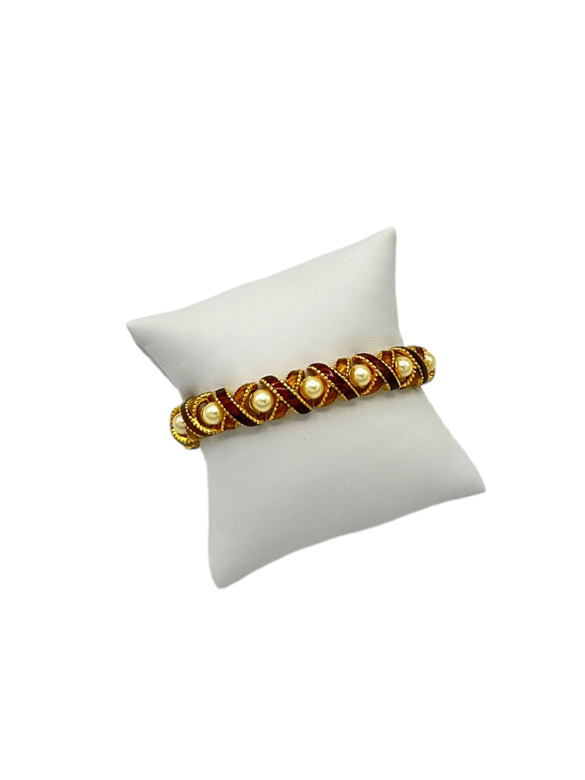 Joan Rivers Gold Brown Enamel X Criss Cross Pearl Stacking Bracelet - 24 Wishes Vintage Jewelry