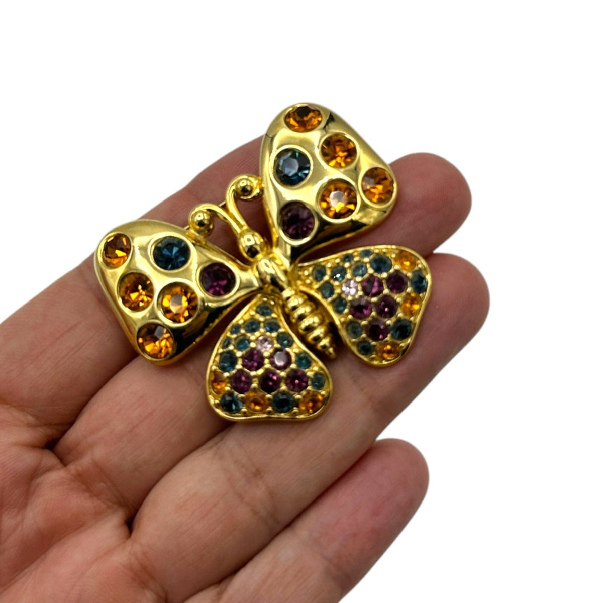 Joan Rivers Gold Butterfly Brooch Multicolor Rhinestones Pin
