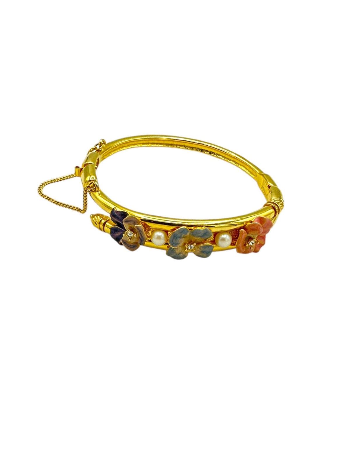 Joan Rivers Gold Enamel Flowers & Pearls Stacking Bangle Bracelet - 24 Wishes Vintage Jewelry