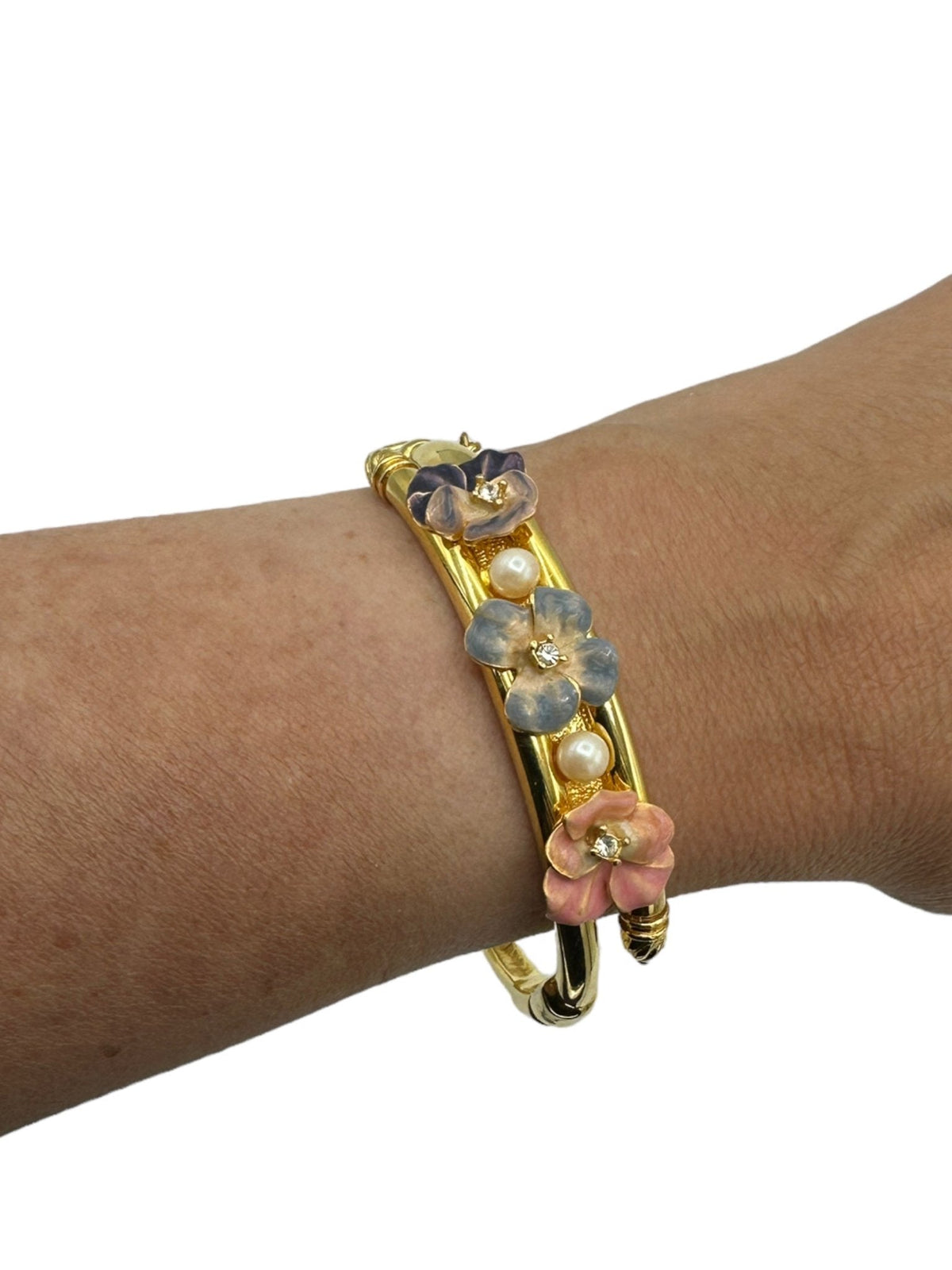 Joan Rivers Gold Enamel Flowers & Pearls Stacking Bangle Bracelet - 24 Wishes Vintage Jewelry