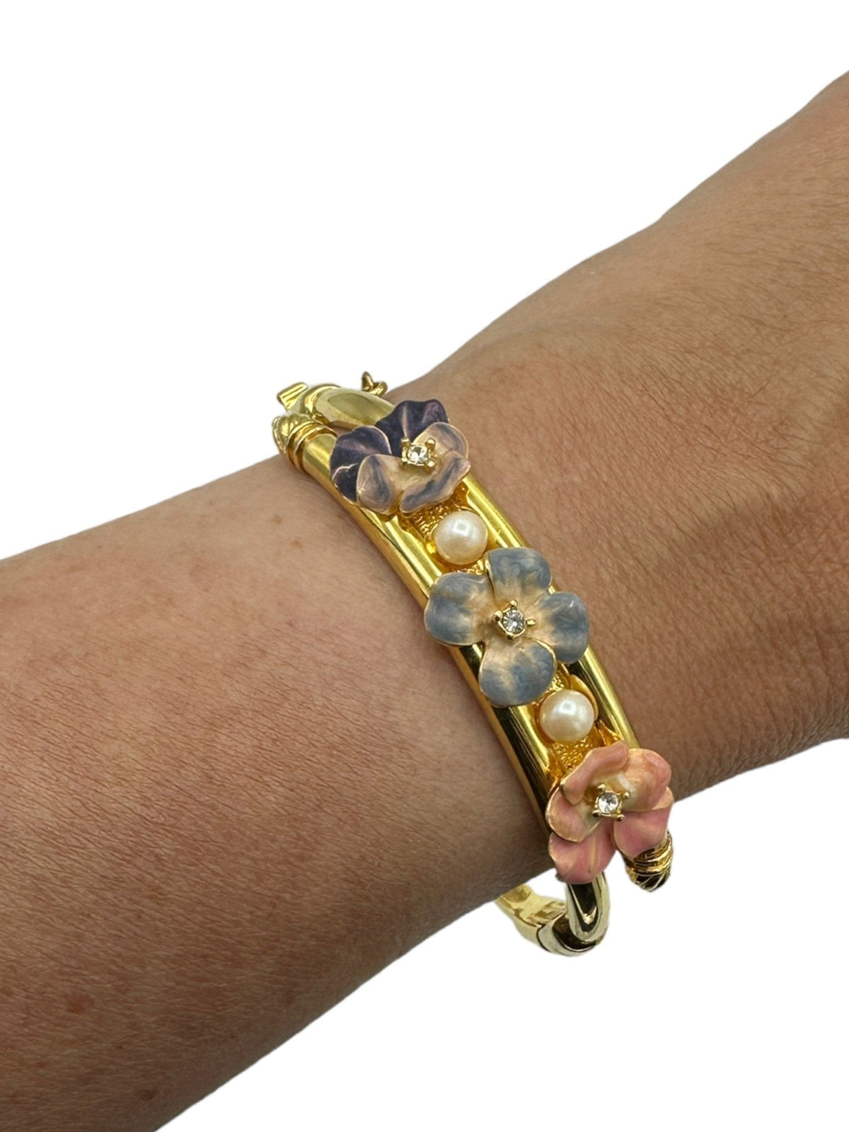 Joan Rivers Gold Enamel Flowers & Pearls Stacking Bangle Bracelet - 24 Wishes Vintage Jewelry