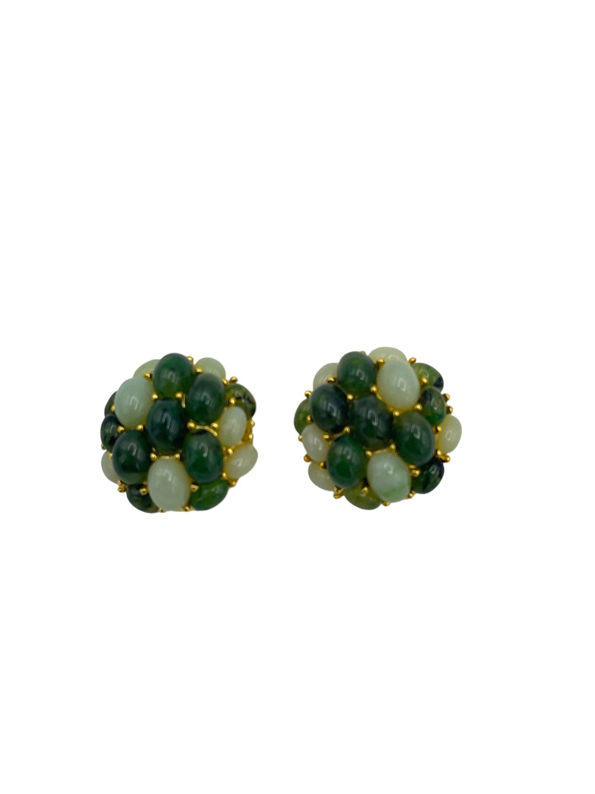 Joan Rivers Gold Green Jade Cabochon Cluster Clip - On Earrings - 24 Wishes Vintage Jewelry