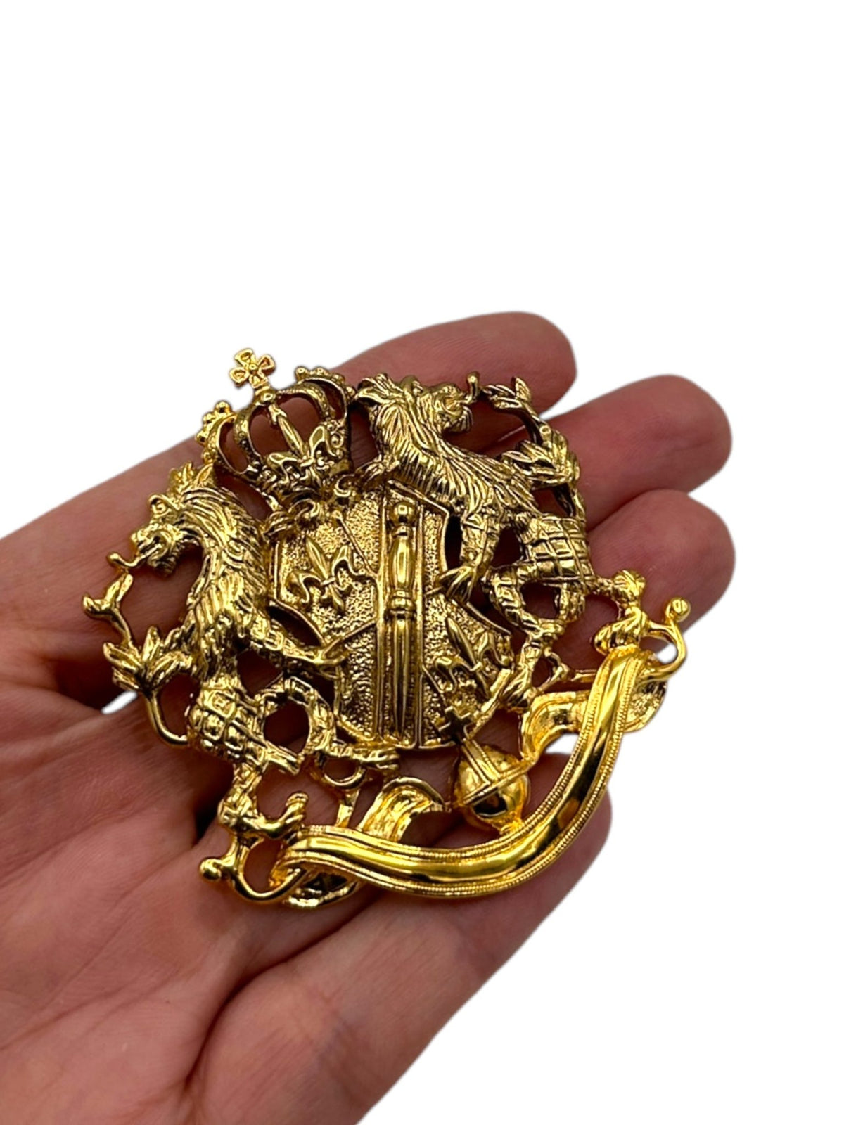 Joan Rivers Gold Griffin Crest Crown Coat of Arms Vintage Brooch - 24 Wishes Vintage Jewelry