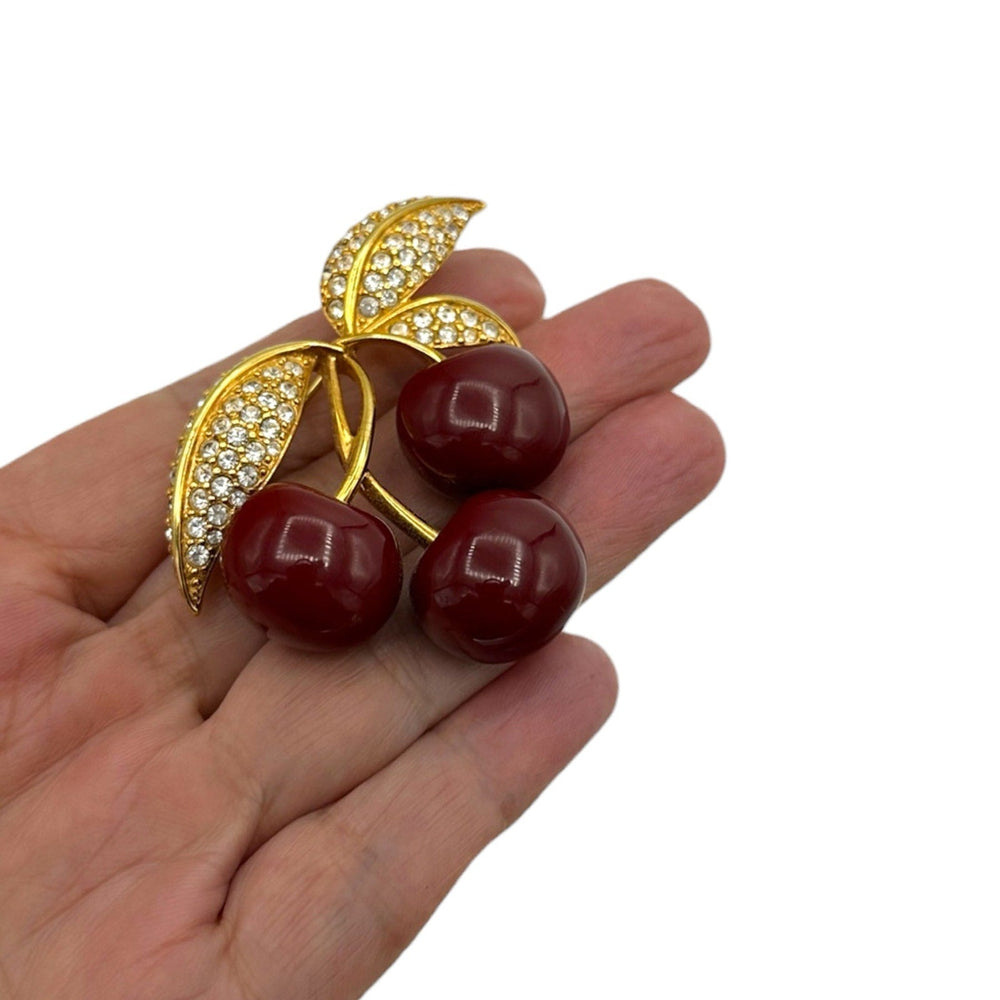 Brooches & PinsJoan Rivers Gold Red Cherry Rhinestone Brooch