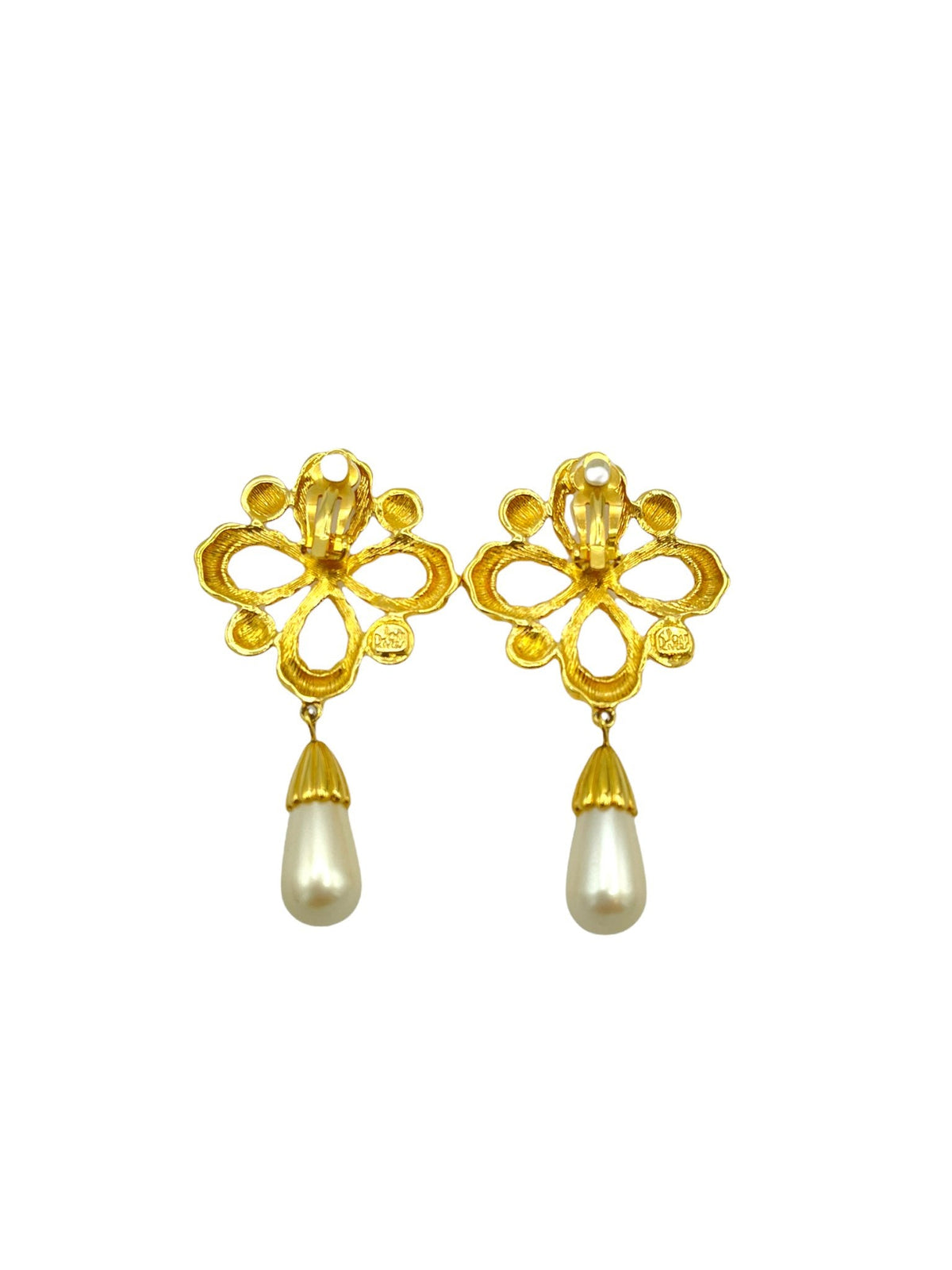 Joan Rivers Gold Ribbon Pearl Dangle Clip - On Vintage Earrings - 24 Wishes Vintage Jewelry