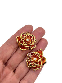 Joan Rivers Orange 'Plique a Jour' Carnation Flower Brooch & Earrings Jewelry Set - 24 Wishes Vintage Jewelry