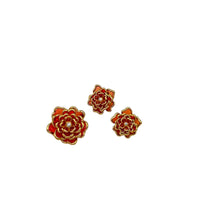 Joan Rivers Orange 'Plique a Jour' Carnation Flower Brooch & Earrings Jewelry Set - 24 Wishes Vintage Jewelry
