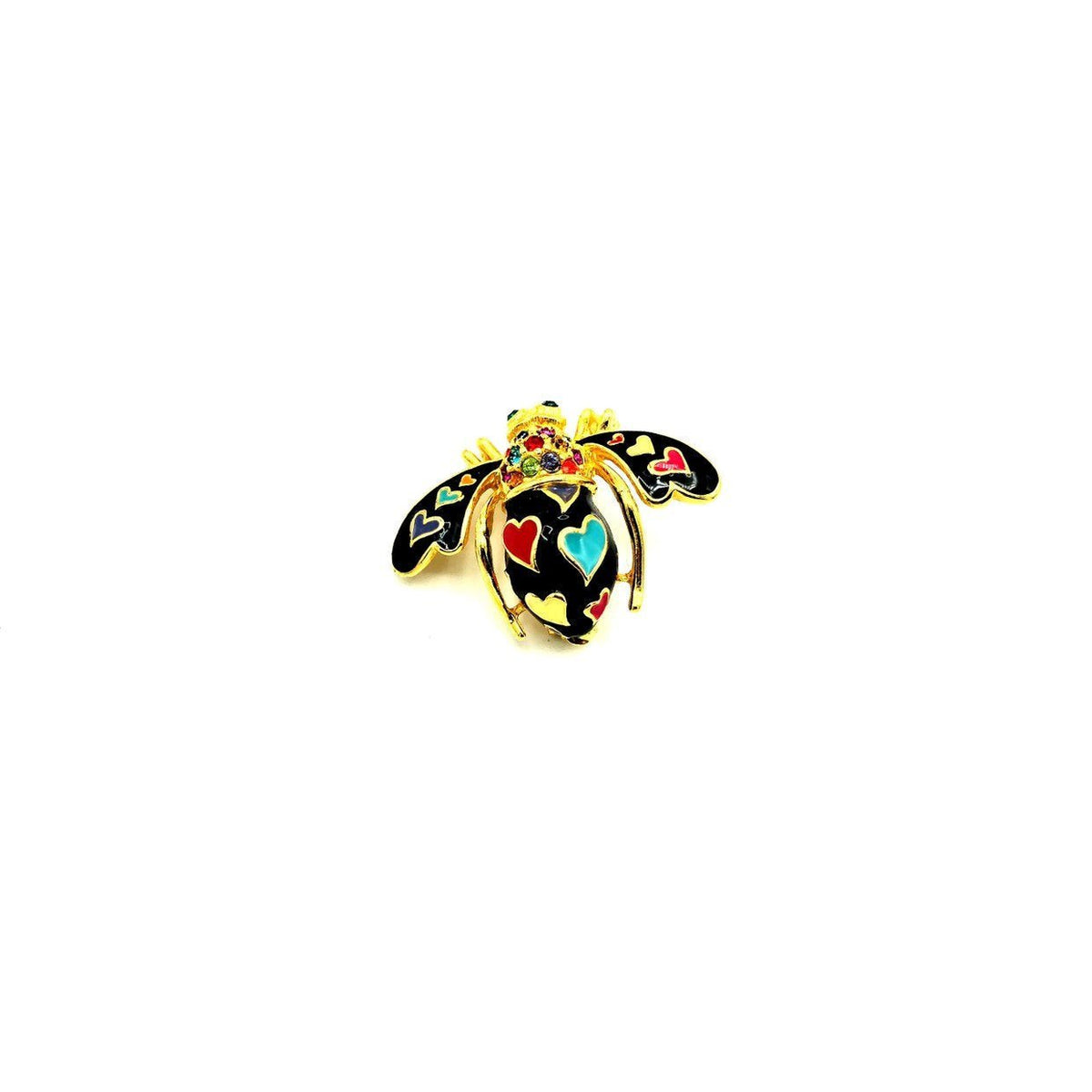 Joan Rivers Petite Black Enamel Hearts & Rhinestone Bee Brooch Pin - 24 Wishes Vintage Jewelry