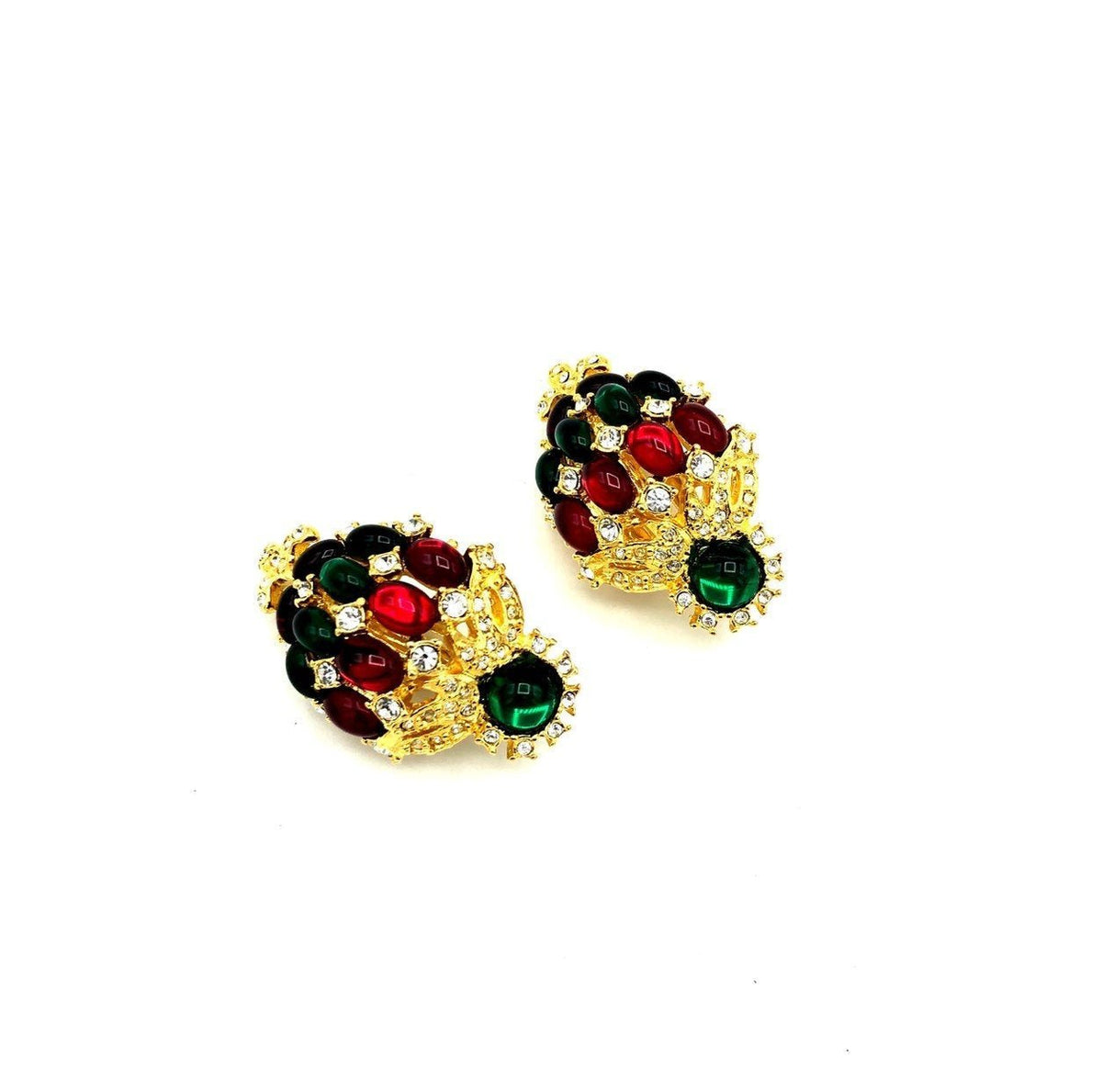 Joan Rivers Red & Green Mogul Christmas Tree Vintage Clip - On Earrings - 24 Wishes Vintage Jewelry