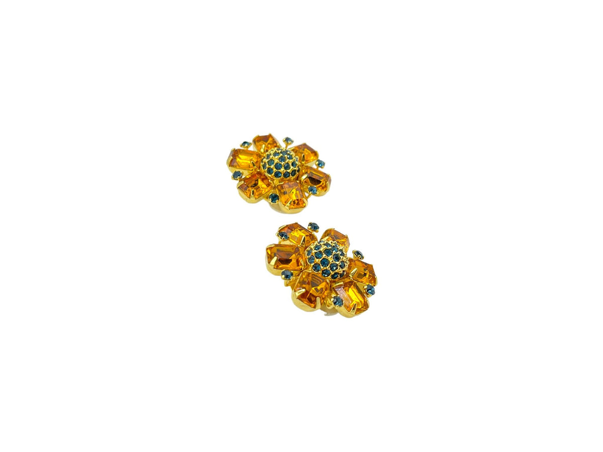 Joan Rivers Topaz Orange & Blue Flower Rhinestone Clip - On Earrings - 24 Wishes Vintage Jewelry