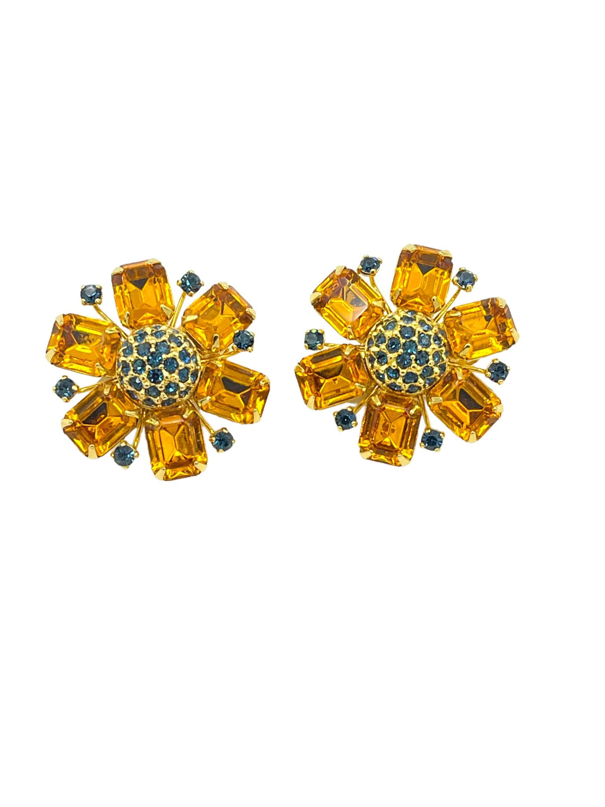 Joan Rivers Topaz Orange & Blue Flower Rhinestone Clip - On Earrings - 24 Wishes Vintage Jewelry