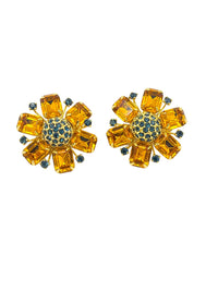 Joan Rivers Topaz Orange & Blue Flower Rhinestone Clip - On Earrings - 24 Wishes Vintage Jewelry