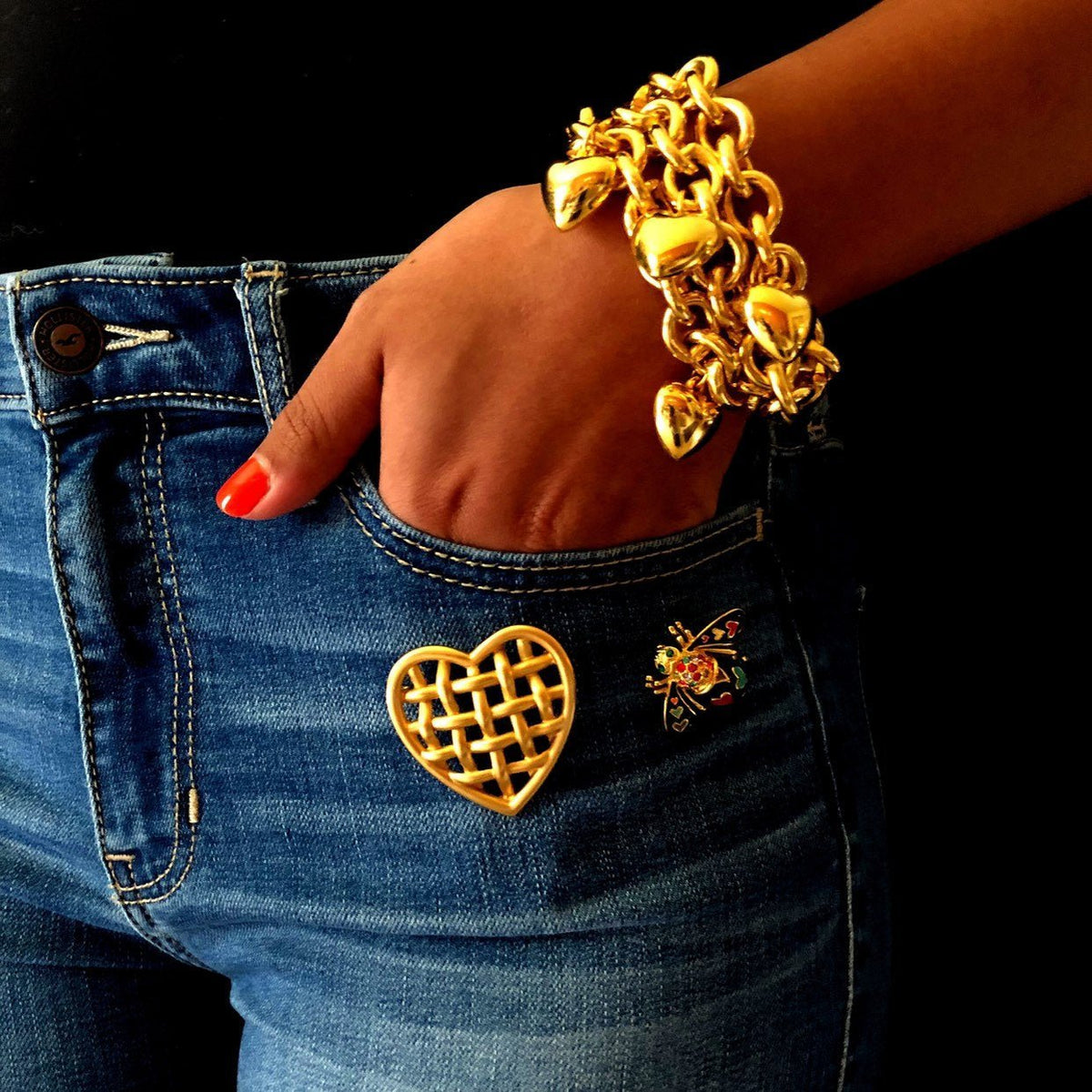 Joan Rivers Vintage Gold Puffy Heart Charm Bracelet - 24 Wishes Vintage Jewelry