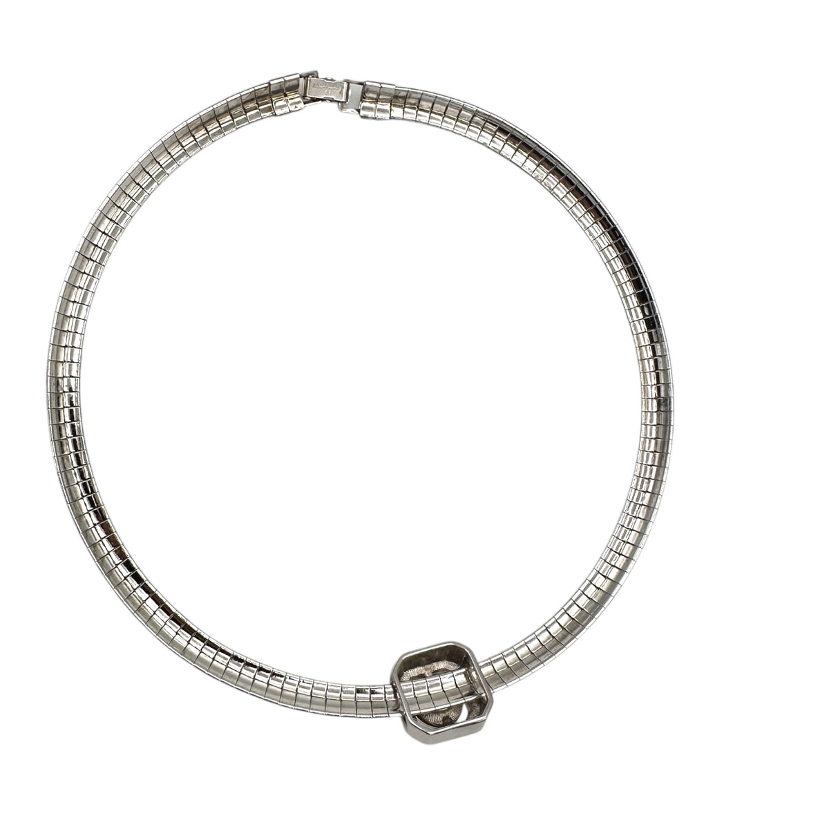 Back view of Side view of Vintage Joan Rivers silver clear rhinestone necklace on white background.