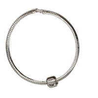 Back view of Side view of Vintage Joan Rivers silver clear rhinestone necklace on white background.