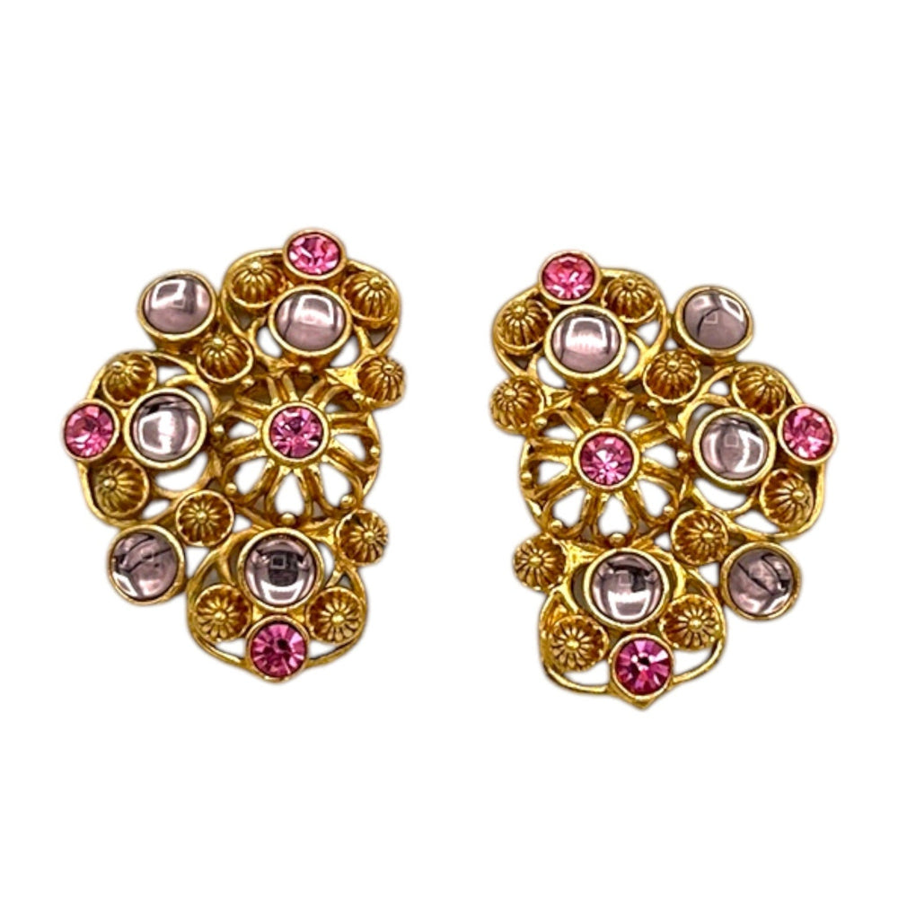 EarringsJose Barrera Avon 1992 Marbella Pink Rhinestone Purple Cabochon Clip - On Earrings