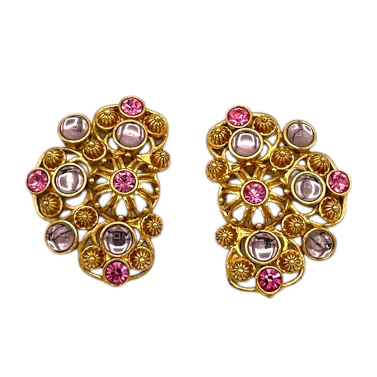 EarringsJose Barrera Avon 1992 Marbella Pink Rhinestone Purple Cabochon Clip - On Earrings