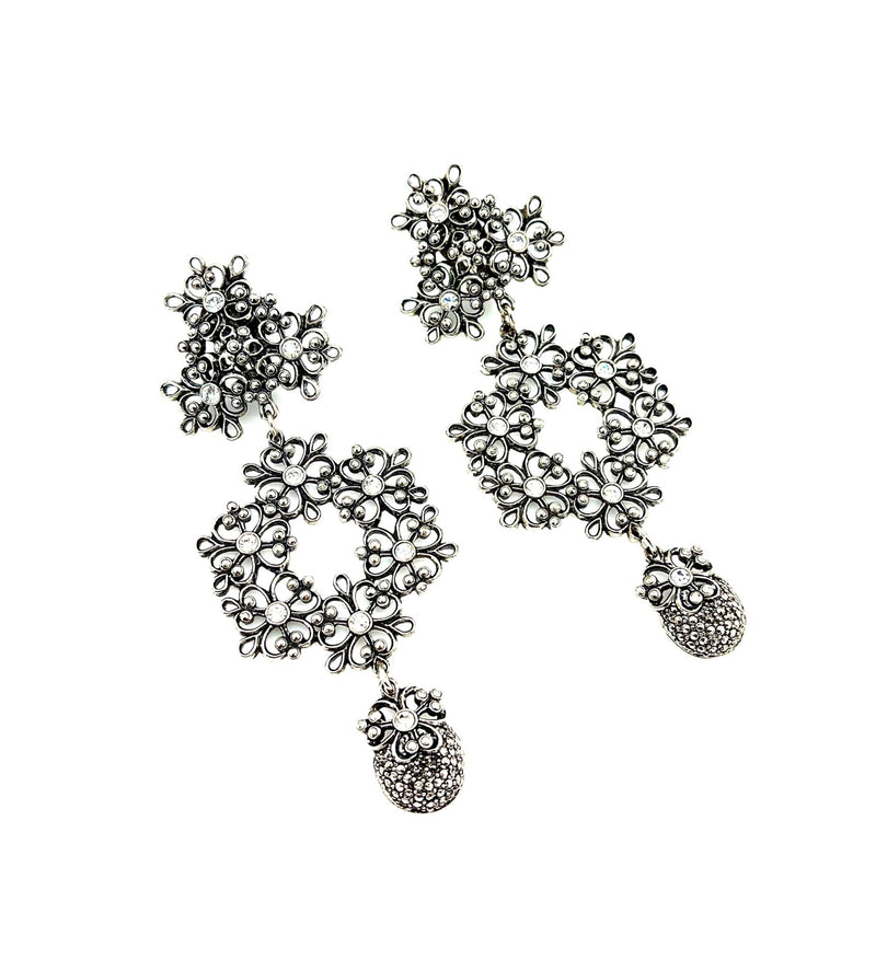 Jose Barrera Silver Runway Flower Dangle Clip - On Earrings - 24 Wishes Vintage Jewelry