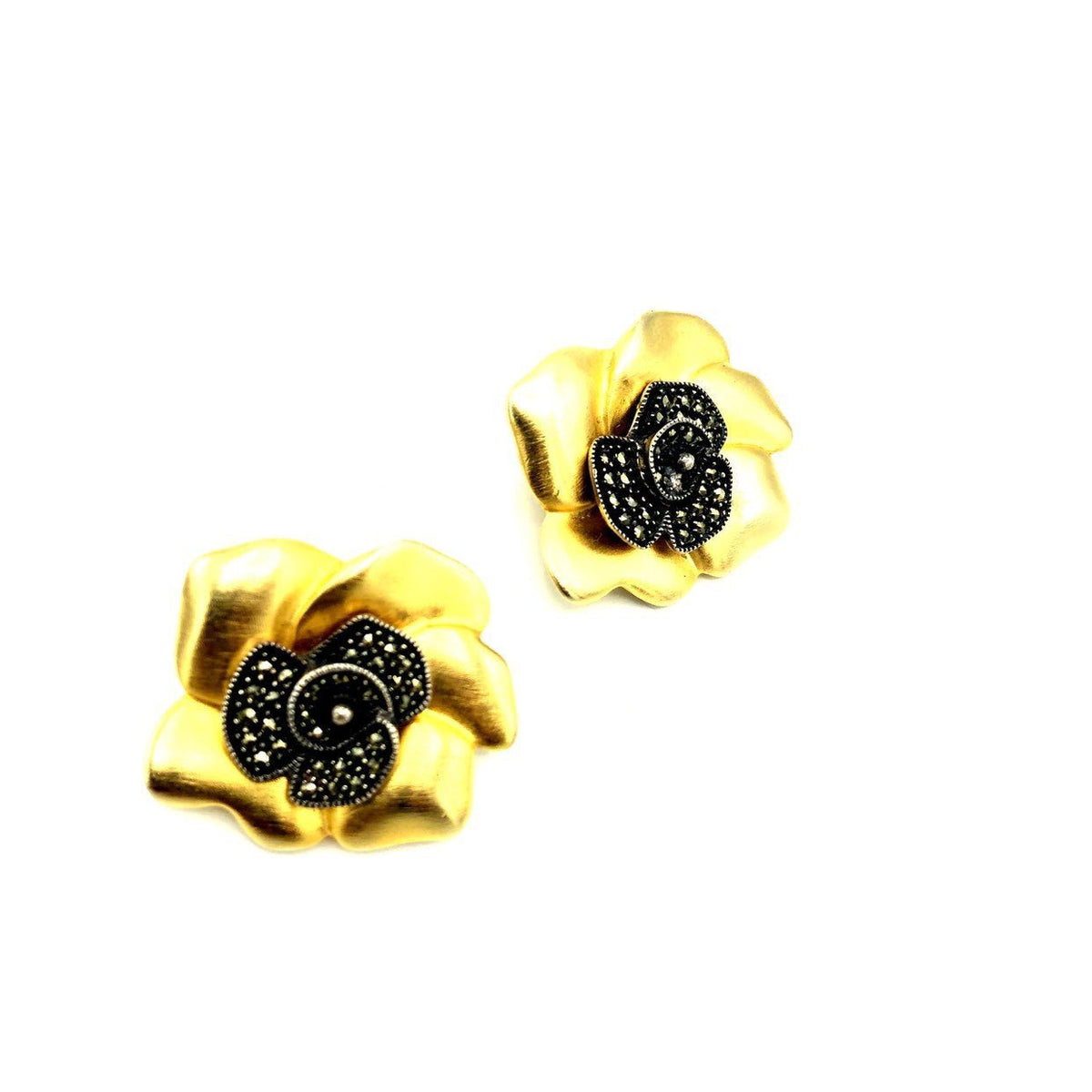 Judith Jack Gold & Silver Flower Vintage Clip - On Earrings - 24 Wishes Vintage Jewelry