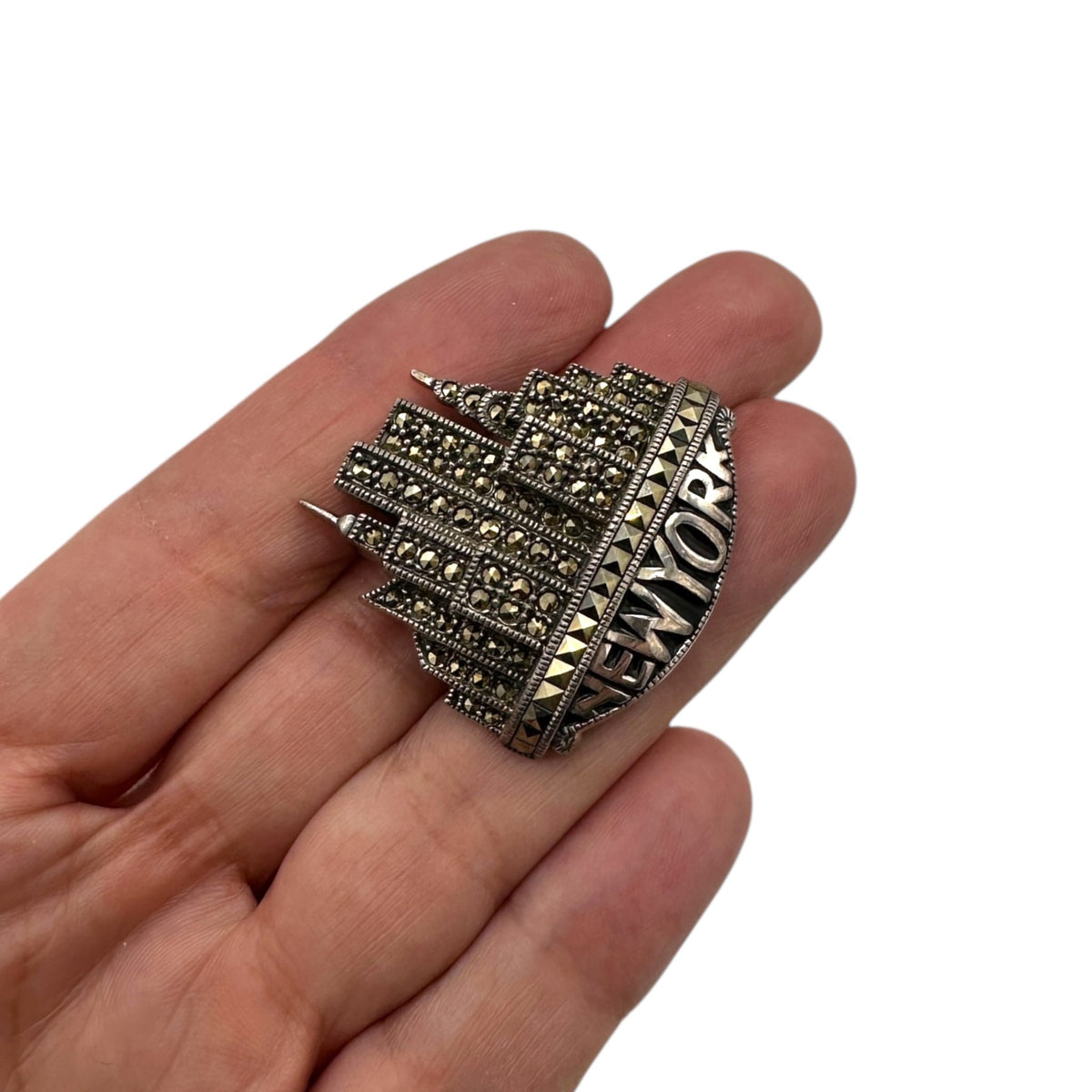 Judith Jack Sterling Silver Vintage Marcasite Twin Towers NYC Skyline Brooch & Pierced Hoop Earrings Jewelry Set 24 Wishes Vintage Jewelry