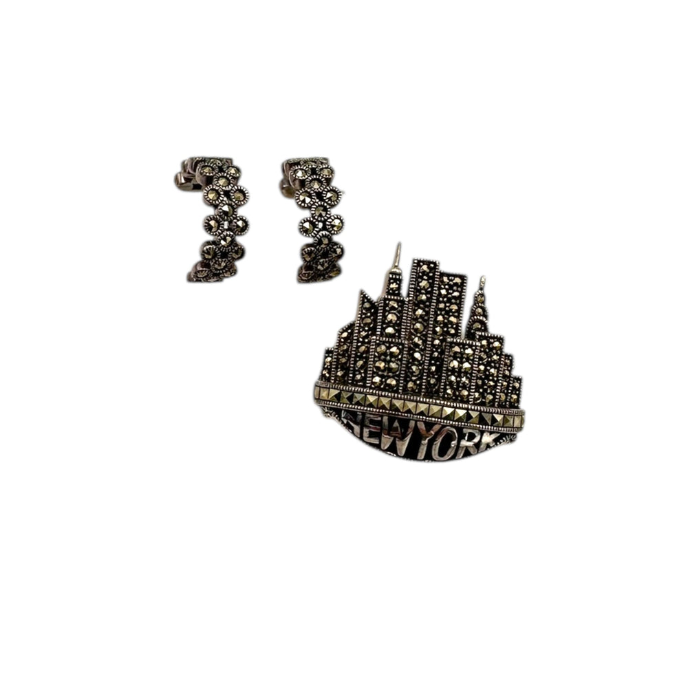 Judith Jack Sterling Silver Vintage Marcasite Twin Towers NYC Skyline Brooch & Pierced Hoop Earrings Jewelry Set 24 Wishes Vintage Jewelry