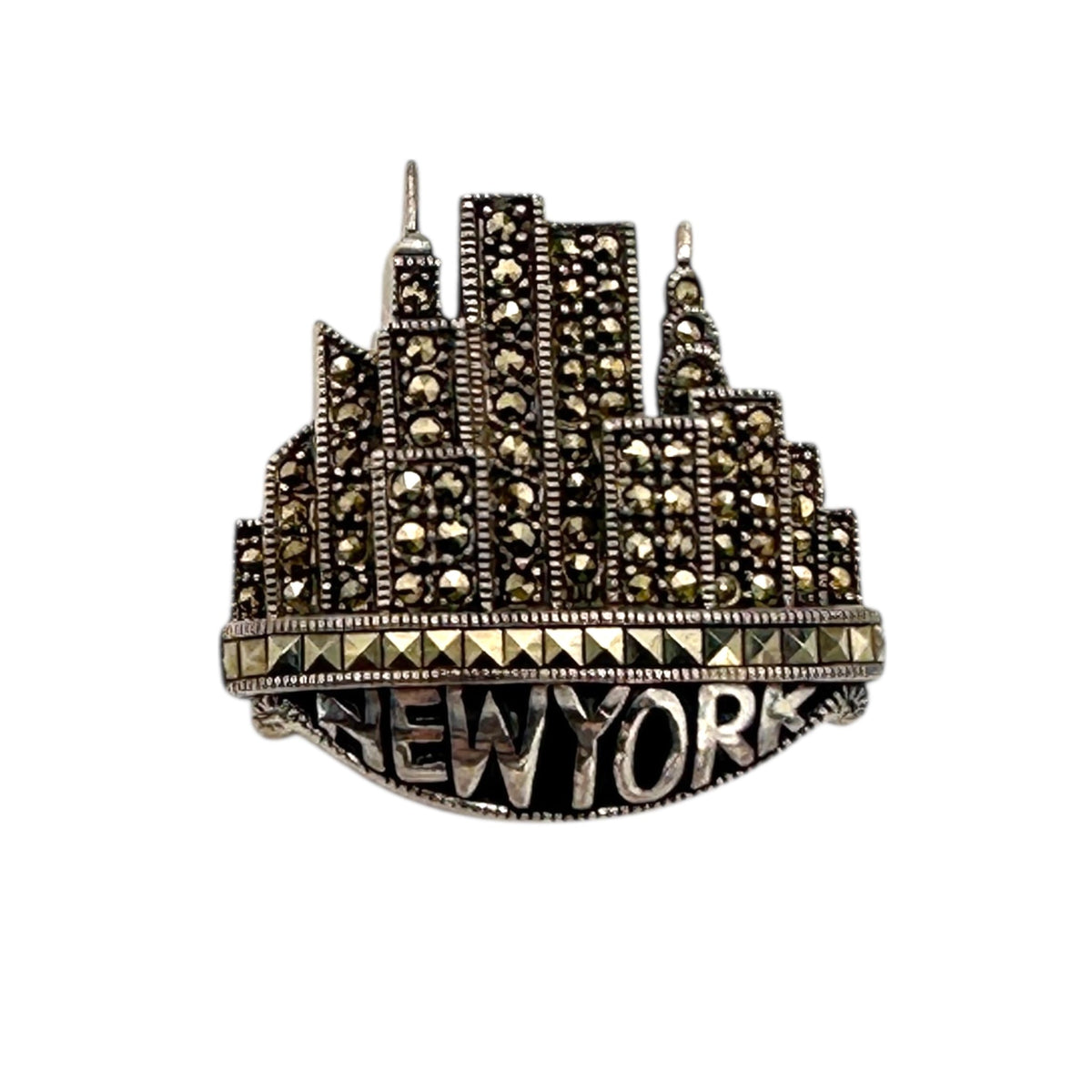 Judith Jack Sterling Silver Vintage Marcasite Twin Towers NYC Skyline Brooch & Pierced Hoop Earrings Jewelry Set 24 Wishes Vintage Jewelry