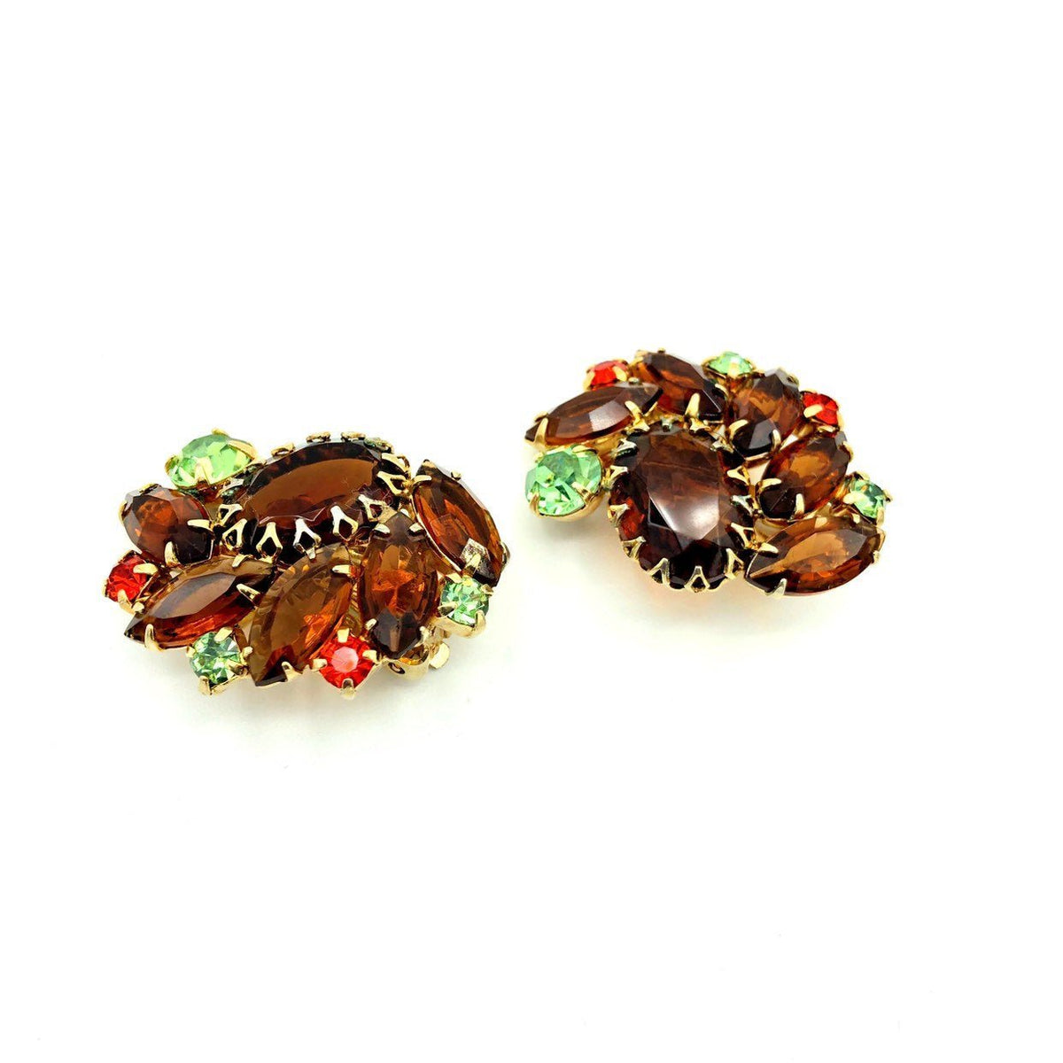 Juliana Delizza and Elster (D&E) Brown Topaz Statement Rhinestone Clip - On Earrings - 24 Wishes Vintage Jewelry