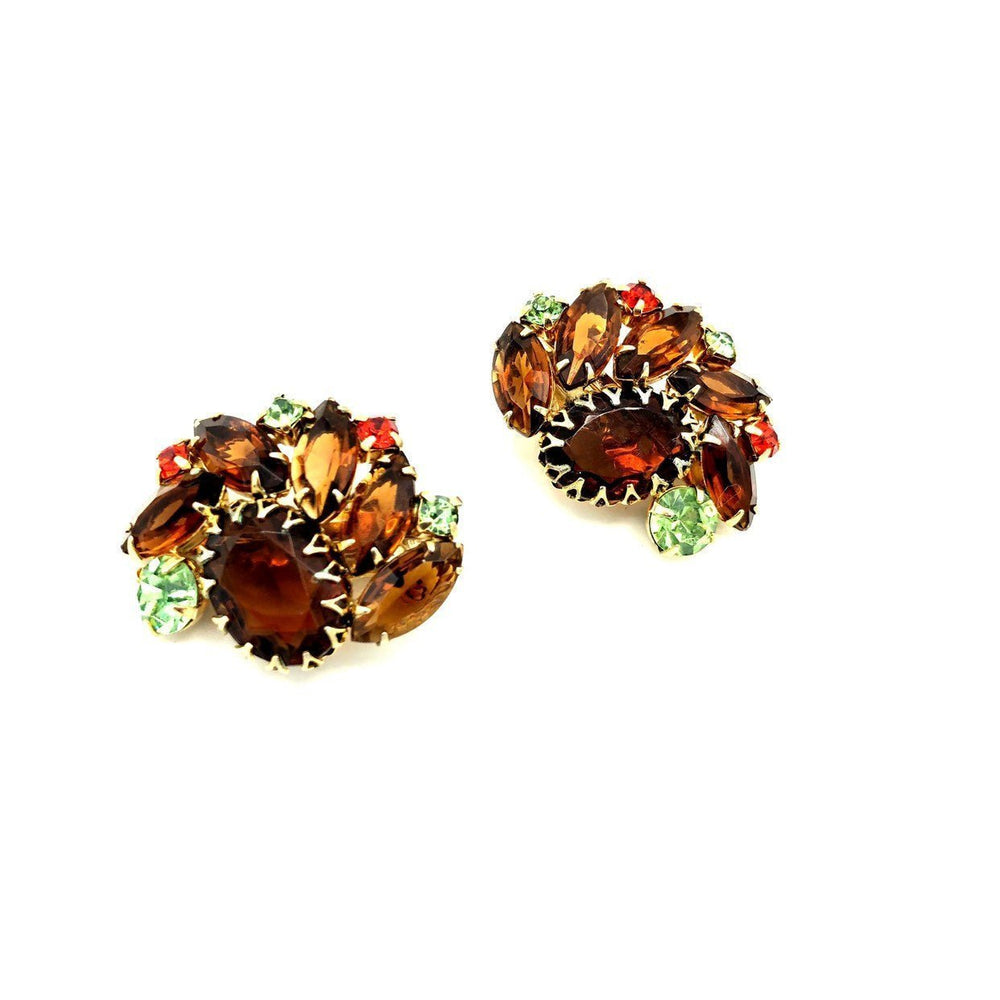 Juliana Delizza and Elster (D&E) Brown Topaz Statement Rhinestone Clip - On Earrings - 24 Wishes Vintage Jewelry