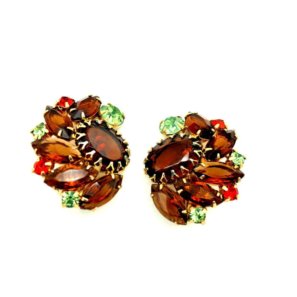 Juliana Delizza and Elster (D&E) Brown Topaz Statement Rhinestone Clip - On Earrings - 24 Wishes Vintage Jewelry