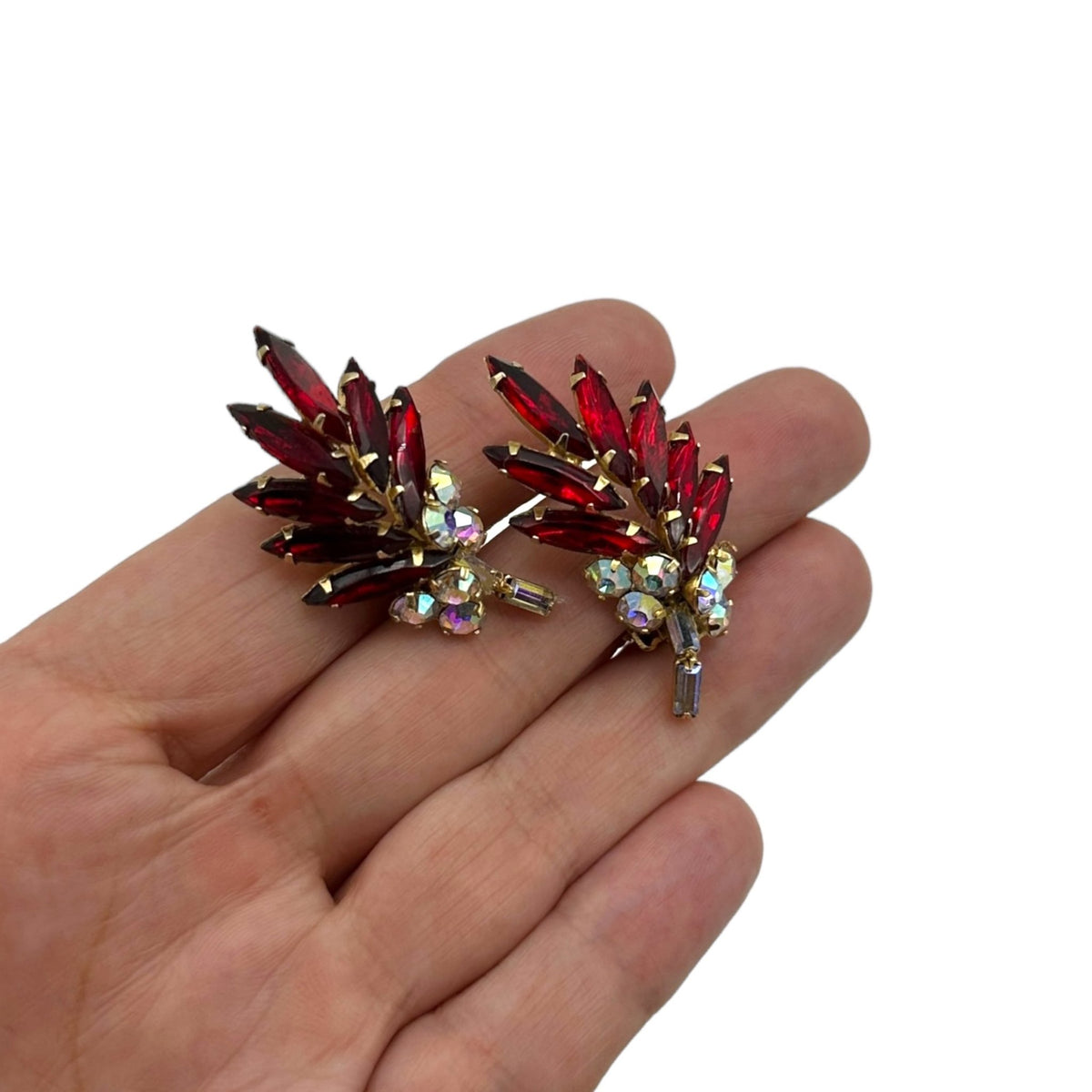 Juliana DeLizza & Elster (D&E) Red Crawler Floral Clip - On Earrings - 24 Wishes Vintage Jewelry