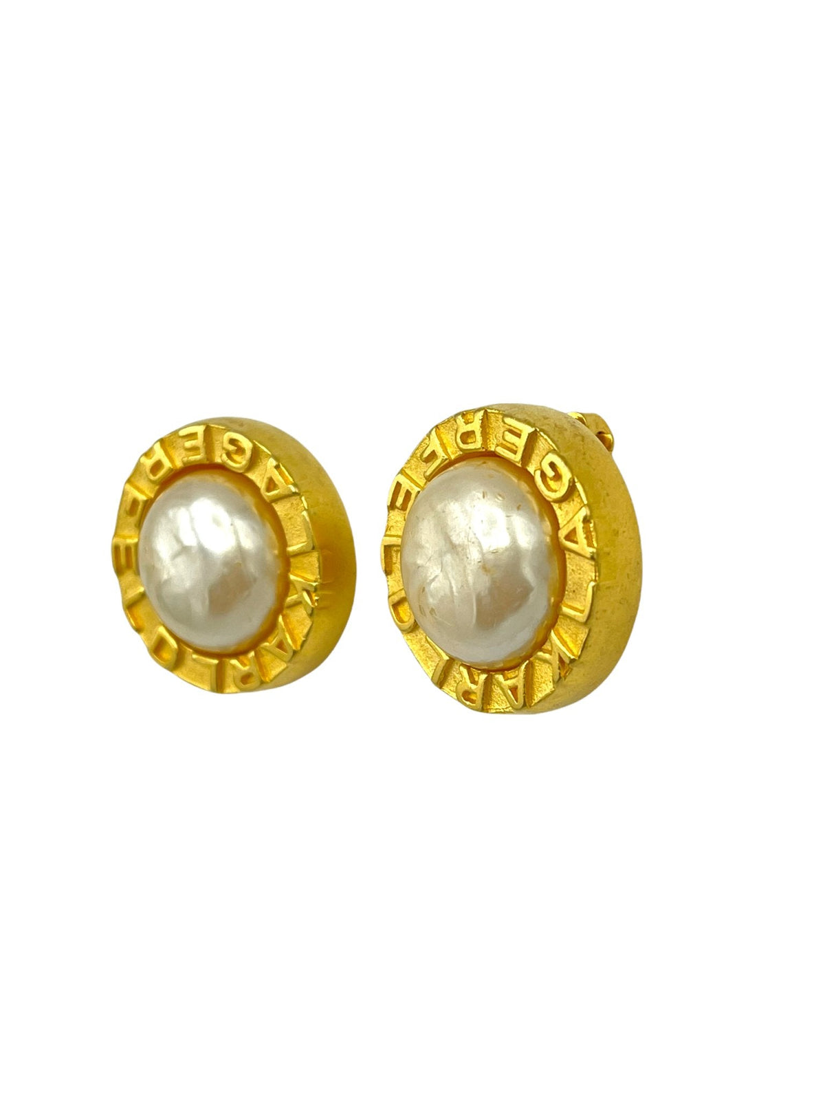 Karl Lagerfeld Matt Gold Round Logo Baroque Pearl Vintage Clip - On Earrings - 24 Wishes Vintage Jewelry