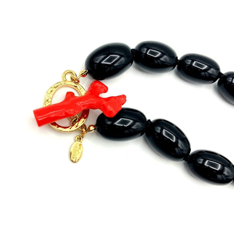 Kenneth Jay Lane Andros Black Bead Coral Toggle Necklace - 24 Wishes Vintage Jewelry