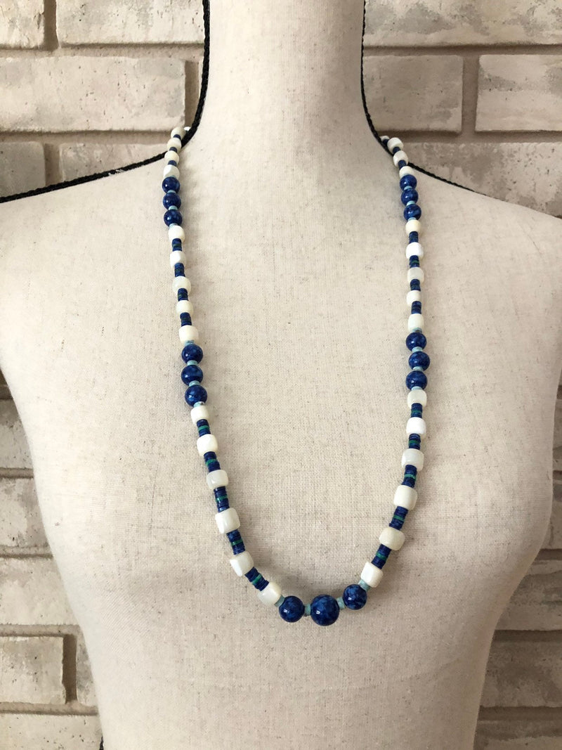 Kenneth Jay Lane Blue Puka Shell MOP Boho Vintage Layering Necklace - 24 Wishes Vintage Jewelry