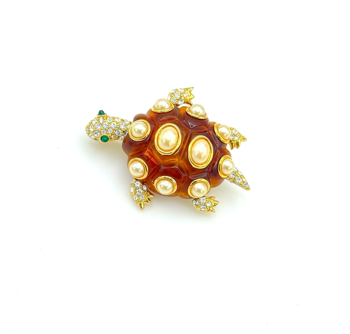 Kenneth Jay Lane Brown Pearl & Rhinestone Turtle Brooch - 24 Wishes Vintage Jewelry