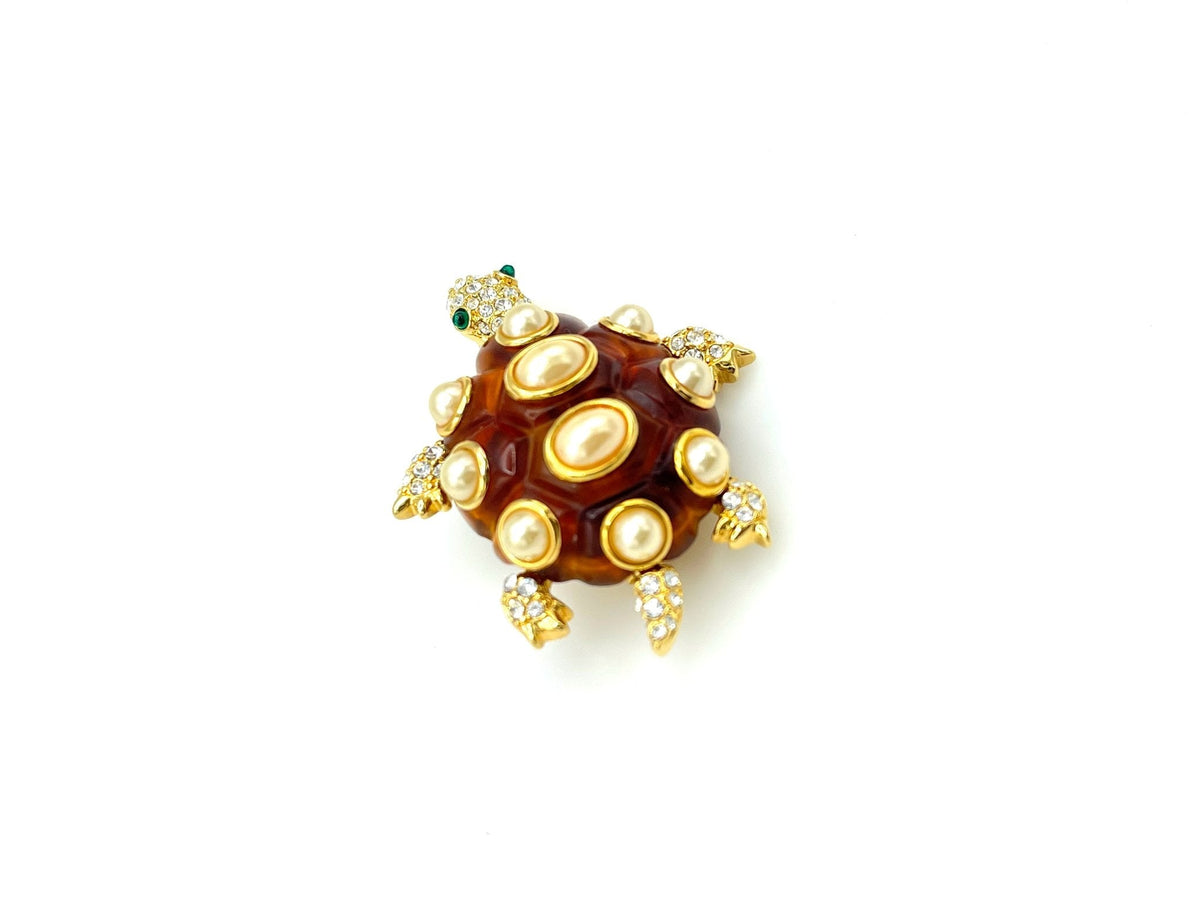 Kenneth Jay Lane Brown Pearl & Rhinestone Turtle Brooch - 24 Wishes Vintage Jewelry