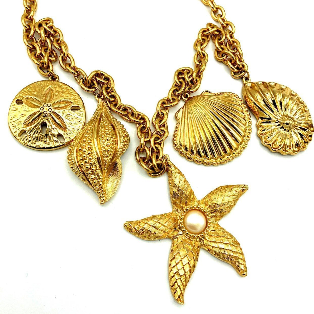 Kenneth Jay Lane Classic Gold Shell & Starfish Charm Chain Necklace - 24 Wishes Vintage Jewelry