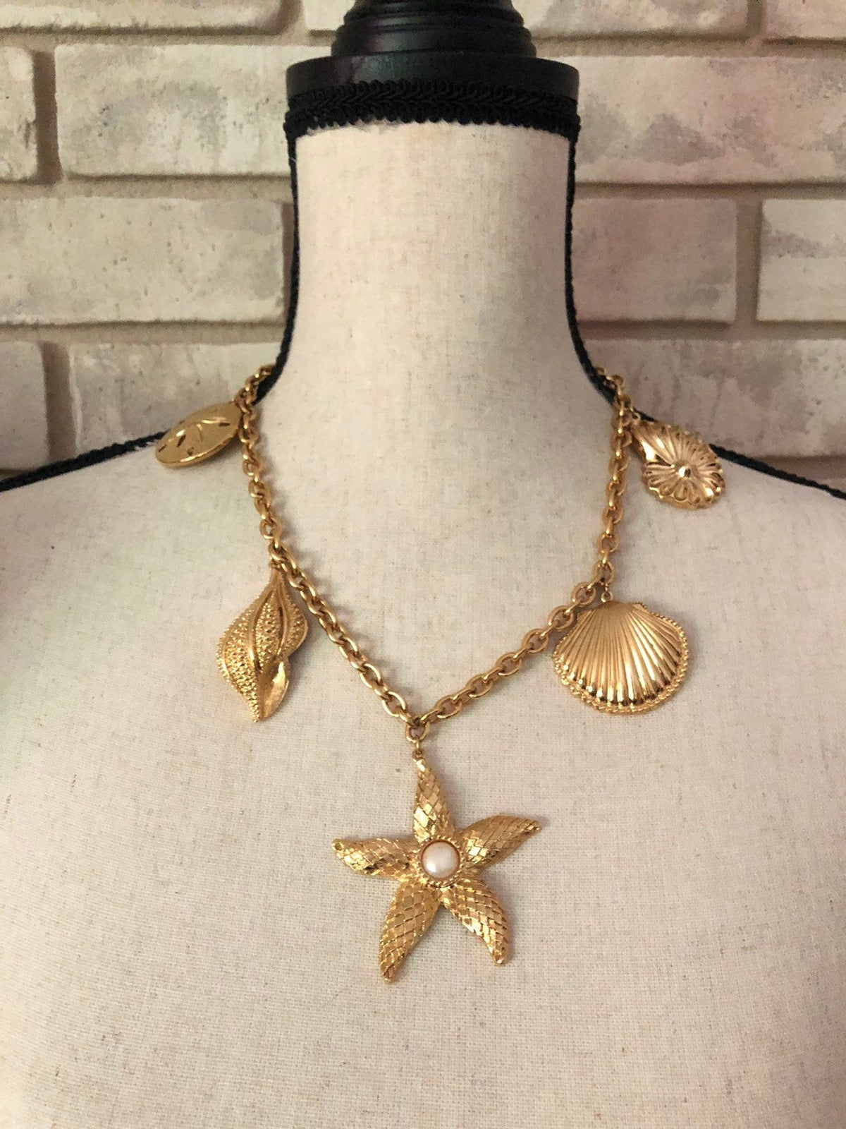 Kenneth Jay Lane Classic Gold Shell & Starfish Charm Chain Necklace - 24 Wishes Vintage Jewelry