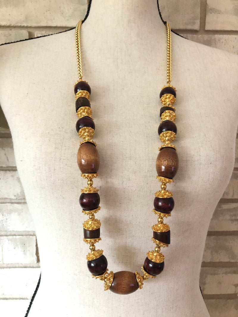 Kenneth Jay Lane Gold & Brown Wood Bead Statement Vintage Necklace - 24 Wishes Vintage Jewelry