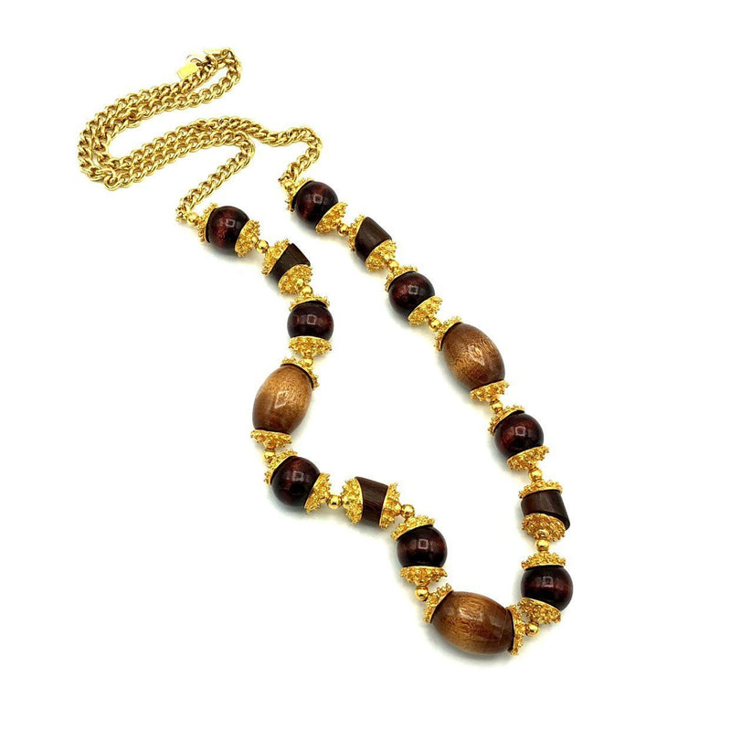 Kenneth Jay Lane Gold & Brown Wood Bead Statement Vintage Necklace - 24 Wishes Vintage Jewelry