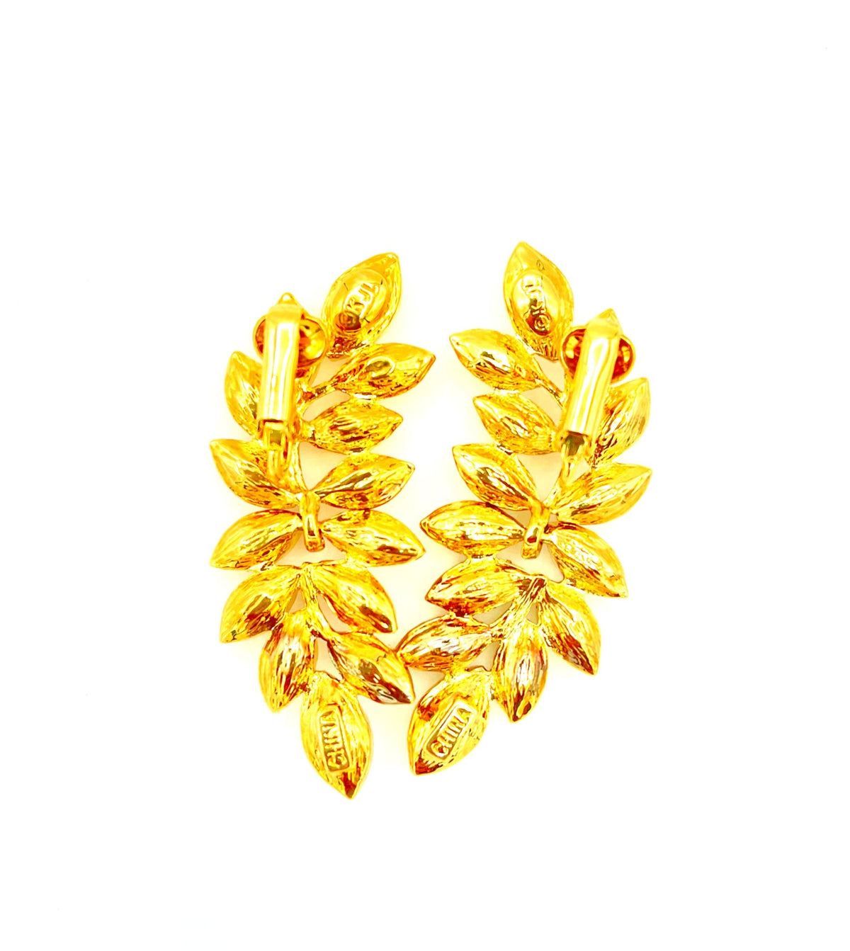 Kenneth Jay Lane Gold Clear Crystal Leaf Rhinestone Clip - On Earrings - 24 Wishes Vintage Jewelry