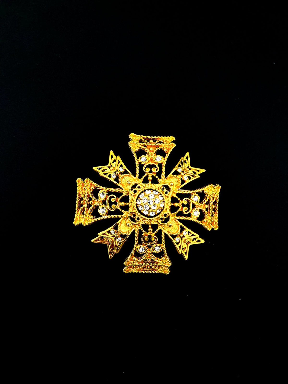 Kenneth Jay Lane Gold Filigree Maltese Cross Brooch - 24 Wishes Vintage Jewelry