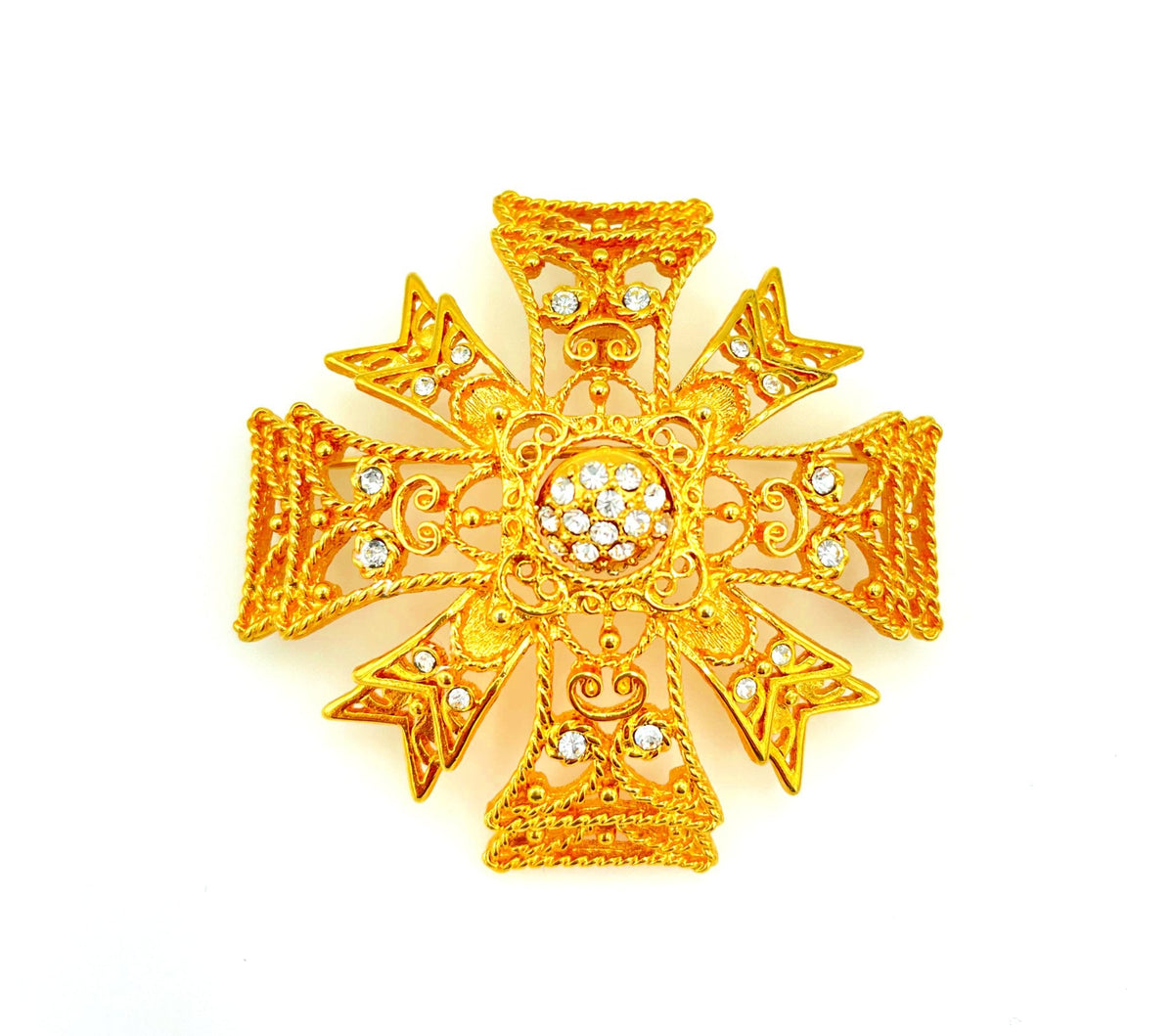 Kenneth Jay Lane Gold Filigree Maltese Cross Brooch - 24 Wishes Vintage Jewelry