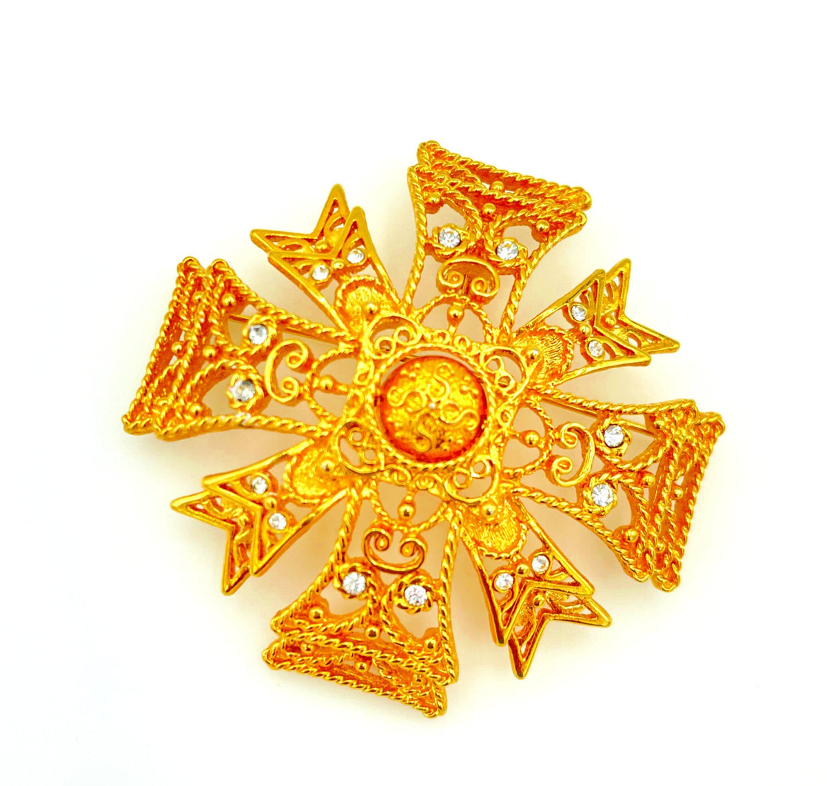 Kenneth Jay Lane Gold Filigree Maltese Cross Brooch - 24 Wishes Vintage Jewelry