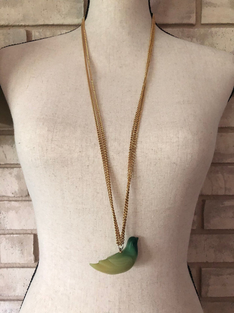 Kenneth Jay Lane Gold Jade Green Lucite Bird Vintage Pendant - 24 Wishes Vintage Jewelry