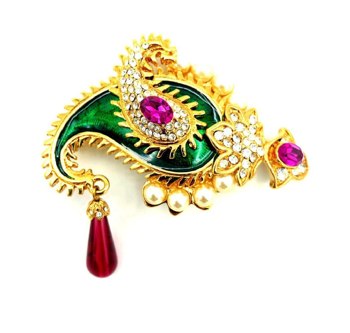 Kenneth Jay Lane Gold Maharani Paisley Brooch Vintage Rhinestone & Enamel Statement Pin 24 Wishes Vintage Jewelry