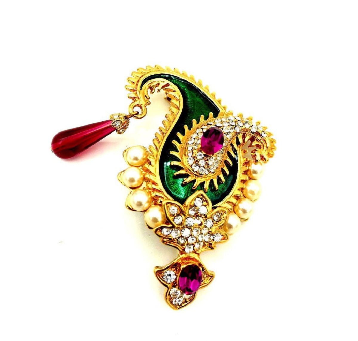 Kenneth Jay Lane Gold Maharani Paisley Brooch Vintage Rhinestone & Enamel Statement Pin 24 Wishes Vintage Jewelry