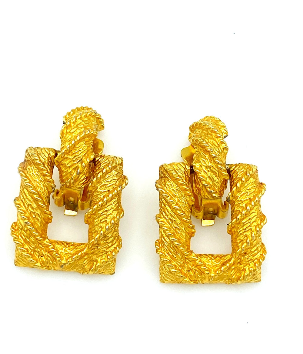Kenneth Jay Lane Gold Wrapped Door Knocker Vintage Clip - On Earrings - 24 Wishes Vintage Jewelry
