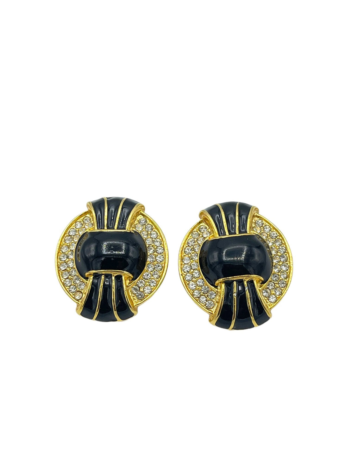 Kenneth Jay Lane KJL Art Deco Style Black Enamel Crystal Rhinestone Vintage Clip - On Earrings - 24 Wishes Vintage Jewelry