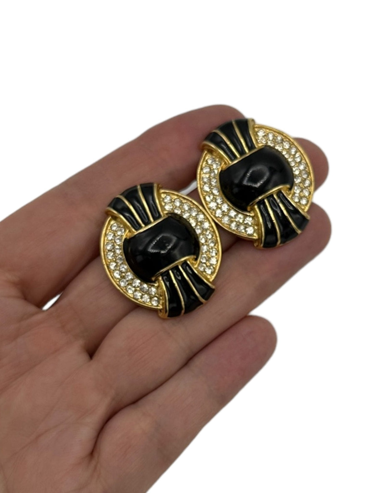 Kenneth Jay Lane KJL Art Deco Style Black Enamel Crystal Rhinestone Vintage Clip - On Earrings - 24 Wishes Vintage Jewelry