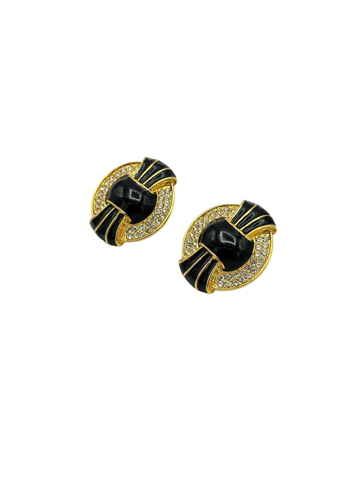 Kenneth Jay Lane KJL Art Deco Style Black Enamel Crystal Rhinestone Vintage Clip - On Earrings - 24 Wishes Vintage Jewelry